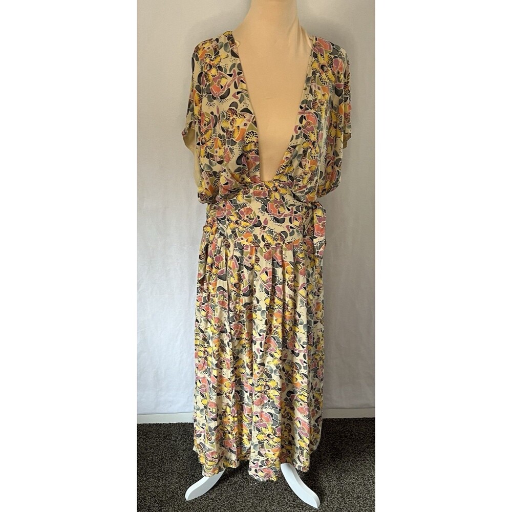 Free People French Quarter Floral Wrap Dress Boho Midi Mini Yellow Pink large